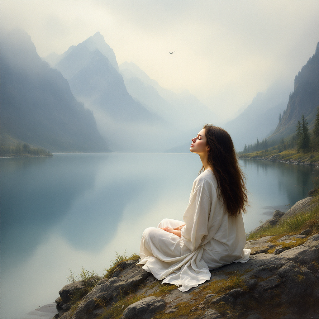 A serene woman sits on a rock by a calm lake, surrounded by misty mountains. Her contemplative pose embodies the journey of self-discovery and finding peace in chaos.