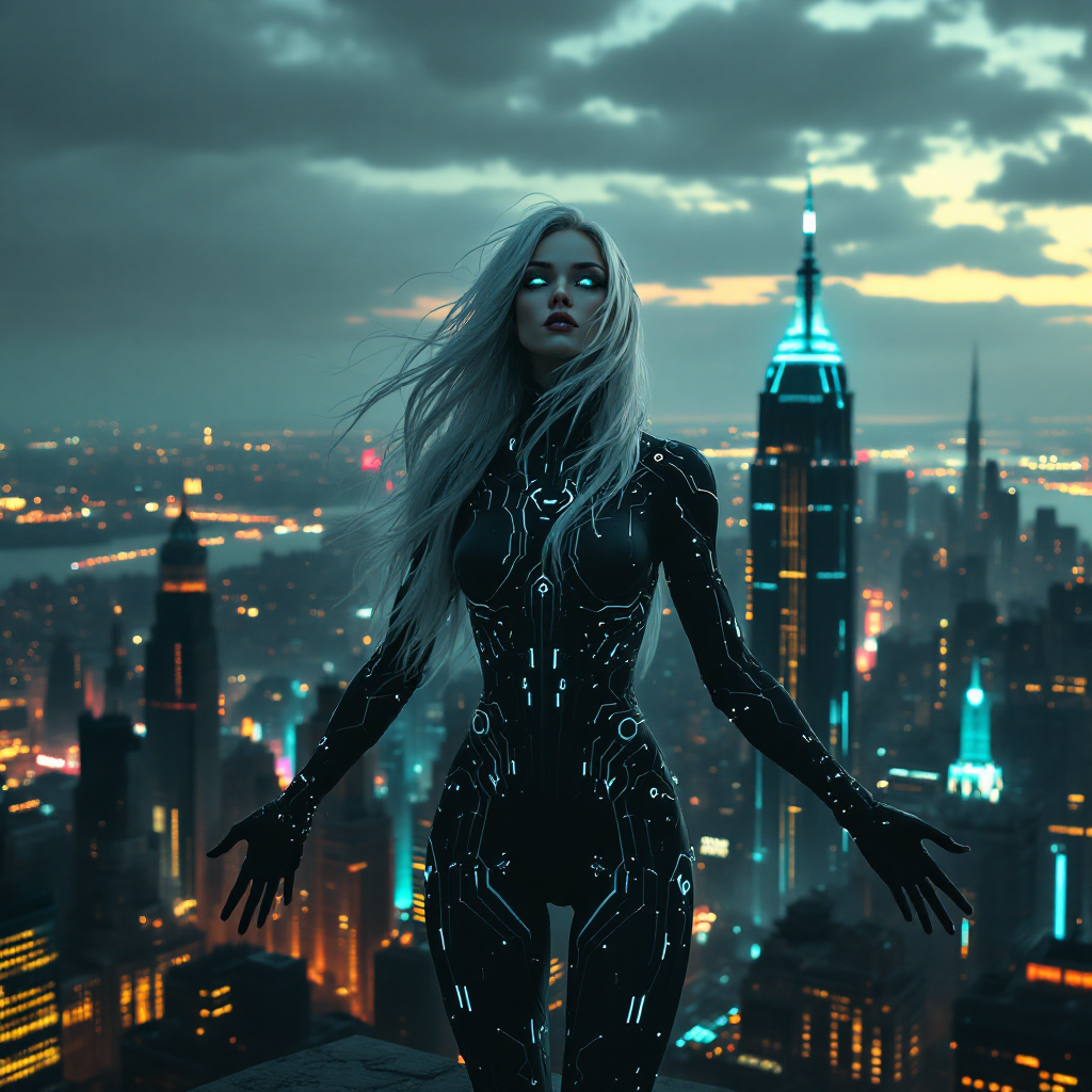 A figure with long silver hair, dressed in a futuristic bodysuit, stands on a rooftop overlooking a neon-lit cityscape at dusk, embodying the essence of healing beyond medicine.