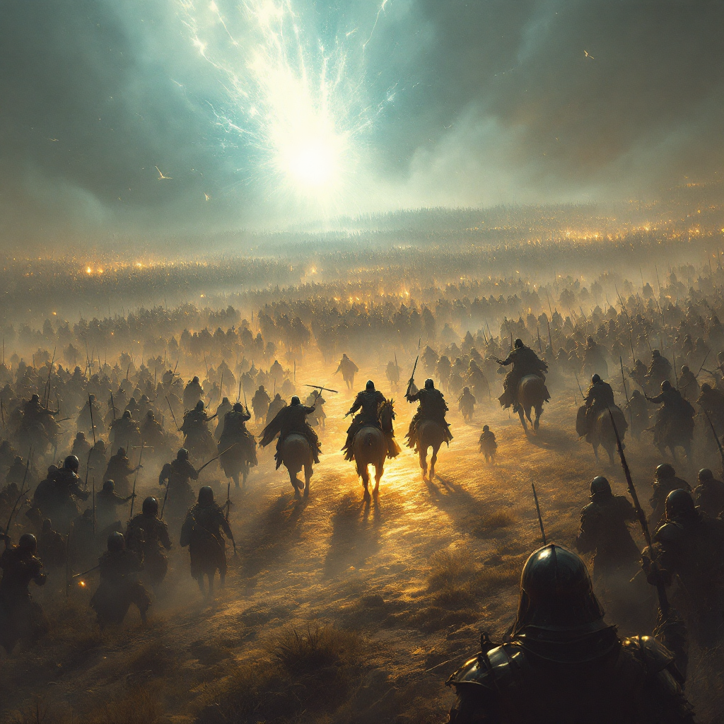 A dramatic battlefield scene with soldiers on horseback charging towards a radiant light, embodying the spirit of fighting with heart amidst a vast army gathering.