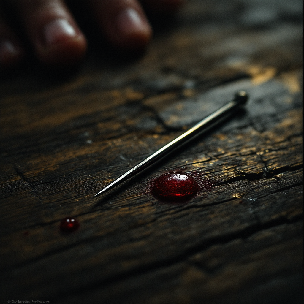 A close-up of a sharp needle on a weathered wooden surface, with a drop of red fluid nearby, evoking the quote about trust and its capacity to wound.