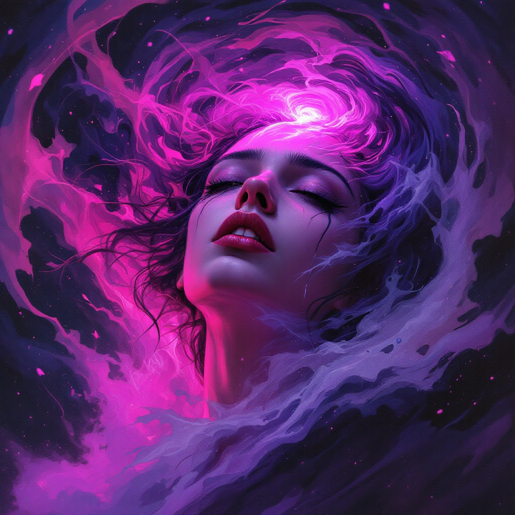 A close-up of a woman's face, eyes closed and expression serene, surrounded by swirling, vibrant purples and pinks, symbolizing the internal struggle of trauma and emotional upheaval.