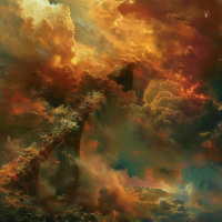 A broken bridge ends abruptly, surrounded by swirling, tumultuous clouds of orange and green. Below, an indistinguishable chasm looms, capturing the described scene from the book.