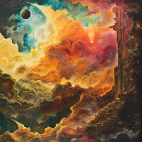 A fantastical scene depicting a celestial bridge breaking off into turbulent clouds of vibrant colors, with planets in the background and a sheer drop vanishing into an unseen void below.