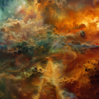 A fantastical, turbulent scene of colorful clouds, representing the quote's raging clouds of ammonia and methane at the broken northwestern end of the Bridge with a sheer drop into the abyss below.