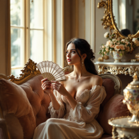 A contemplative woman in an elegant dress holds a fan while seated on a richly adorned couch, gazing thoughtfully out a window, embodying reflection before a decision.