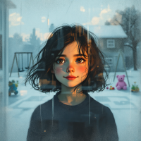 A young girl gazes thoughtfully out a window on a snowy day, reflecting the complexities of growing up, with toys visible in the background and a sense of nostalgia in her expression.