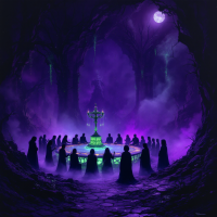 A mystical gathering in a shadowy court, cloaked figures encircle a glowing altar under a purple ambiance, evoking a blend of dreams and darkness.