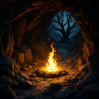 A flickering flame in a rocky cave illuminates the dark surroundings, contrasting with a shadowy tree in the background, symbolizing hope and hidden dangers.