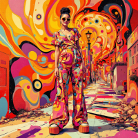 A vibrant street scene features a person in a colorful outfit amidst swirling patterns and bright colors, symbolizing the interconnected stories within existence’s vast tapestry.