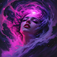 A close-up of a woman's face, eyes closed and expression serene, surrounded by swirling, vibrant purples and pinks, symbolizing the internal struggle of trauma and emotional upheaval.