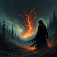 A mysterious figure draped in black stands in a dark, stormy landscape, with fiery lightning striking amidst dense trees, embodying the quote, You shall not enter. You shall not bring the storm.