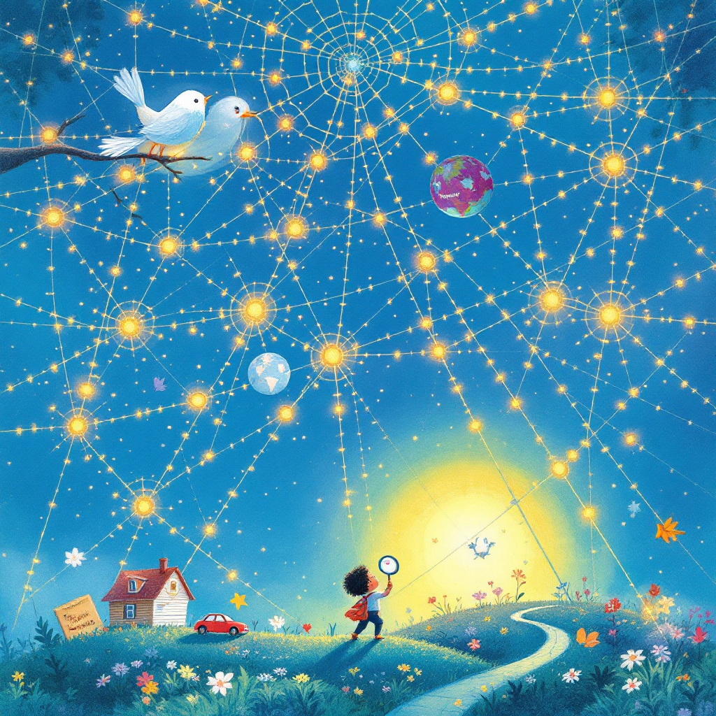 A child stands on a path, gazing at a vibrant web of stars and planets above, symbolizing the intricate connections of society and the impact of small changes. Two doves perch nearby.