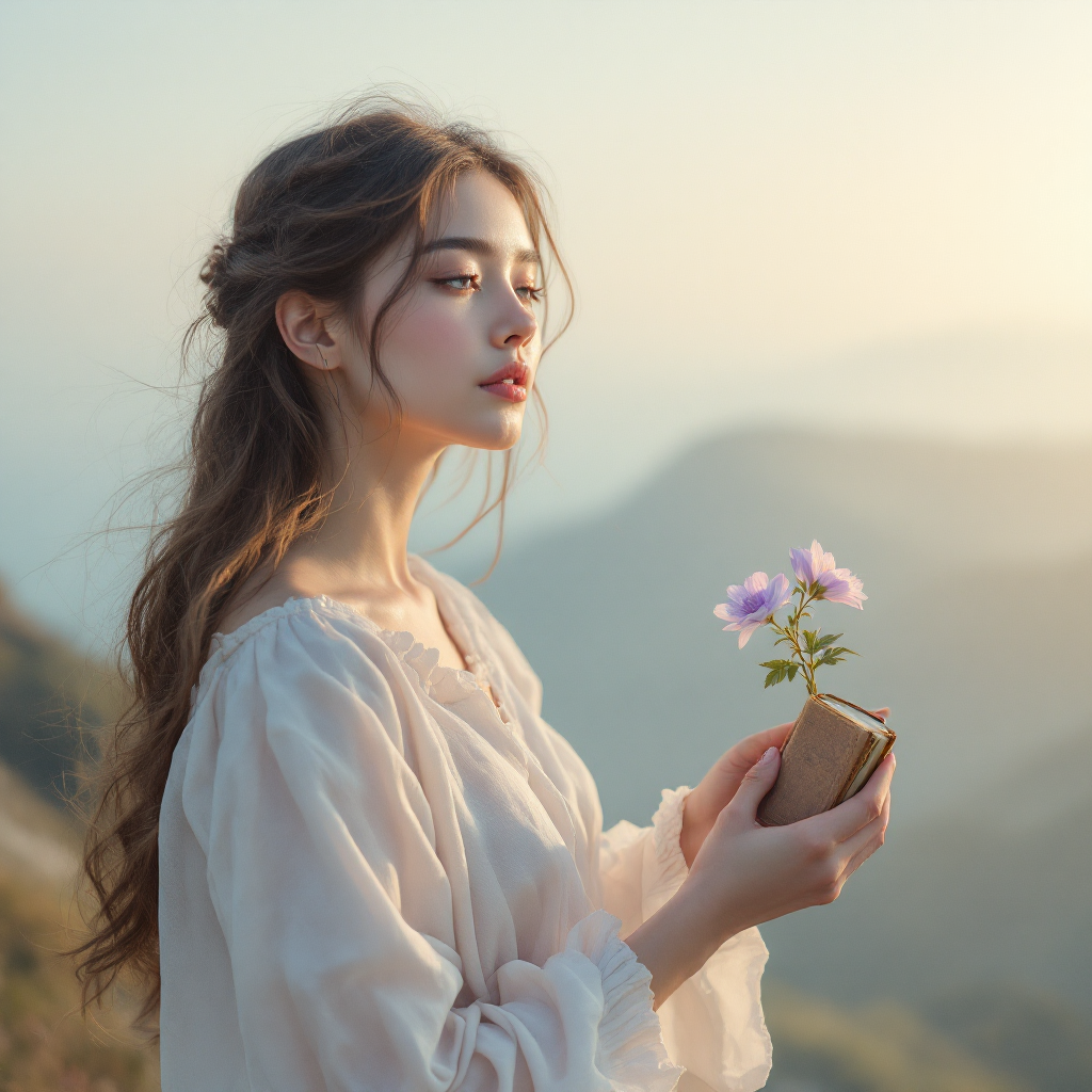 A young woman stands on a mountain overlooking a serene landscape, holding a small bouquet of flowers, embodying the idea that pain is inevitable, but suffering is a choice.