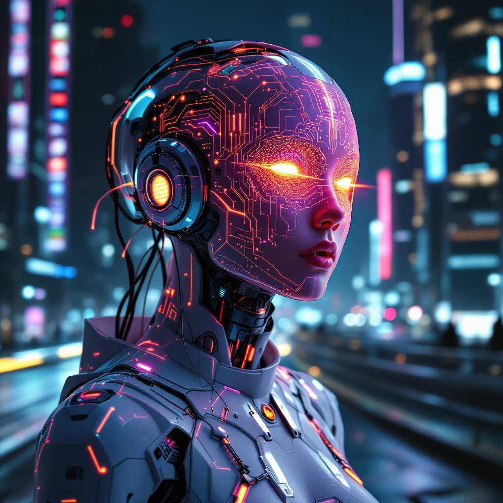 A futuristic humanoid robot with glowing circuits and headphones stands against a vibrant city backdrop, embodying the essence of the quote: You are a poem, a song of my existence.