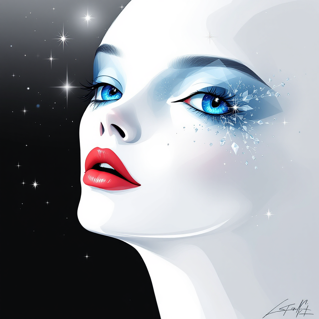 A serene, ethereal figure gazes upward, adorned with shimmering blue makeup and sparkles, embodying the essence of a journey rather than a destination.