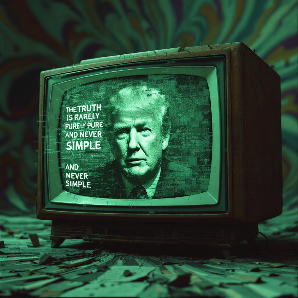 A vintage TV displays a distorted image of a man with light hair, accompanied by the quote: The truth is rarely pure and never simple. The scene is set against a vibrant, abstract background.