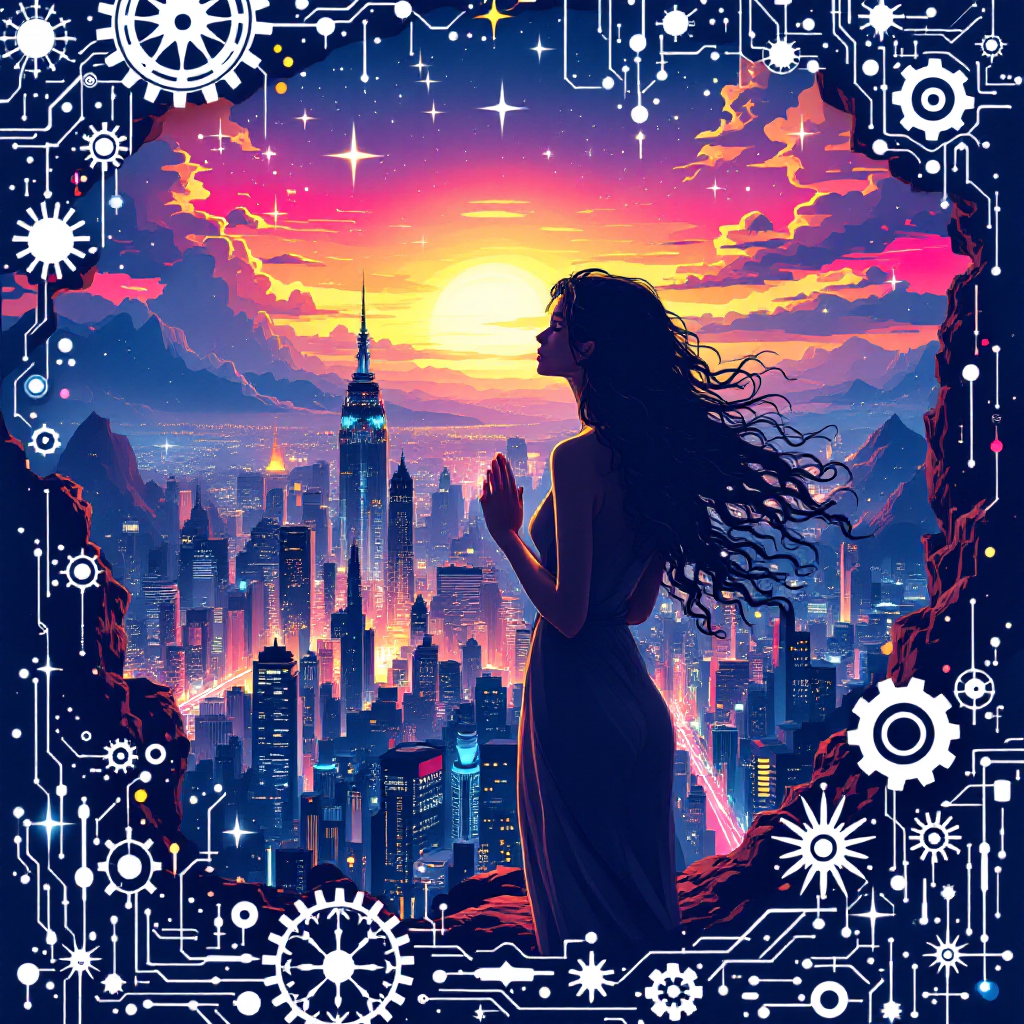 A silhouette of a woman with flowing hair stands against a vibrant sunset over a futuristic city, surrounded by intricate designs of gears and circuits, symbolizing vision and humanity.