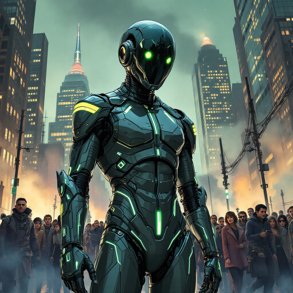 A futuristic humanoid robot stands in a crowded cityscape, illuminated by neon lights, reflecting the complexities of human interaction.