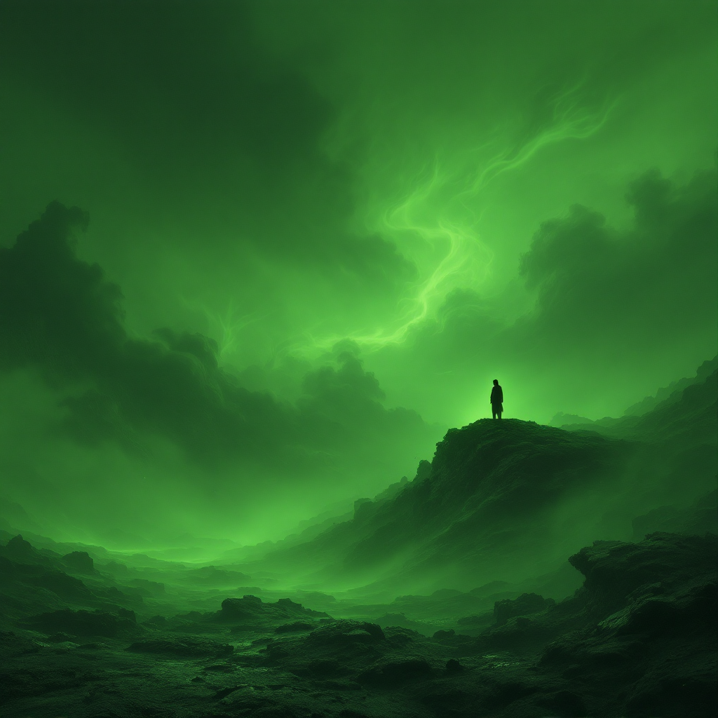 A figure stands alone on a rocky landscape under swirling green clouds, embodying the struggle of connection amidst imperfection, inspired by the quote on human relationships.