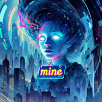 A vividly futuristic scene featuring a glowing figure with ethereal hair and neon accents, set against a city skyline, with the word “mine” prominently displayed.