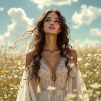 A woman in a flowing white dress stands in a field of flowers, gazing upwards with a serene expression, embodying the essence of love as a journey of gain, not loss.