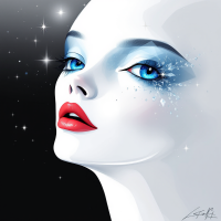 A serene, ethereal figure gazes upward, adorned with shimmering blue makeup and sparkles, embodying the essence of a journey rather than a destination.