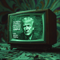 A vintage TV displays a distorted image of a man with light hair, accompanied by the quote: The truth is rarely pure and never simple. The scene is set against a vibrant, abstract background.