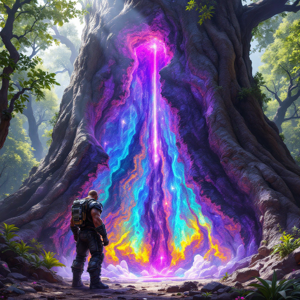 A towering tree reveals a vibrant, glowing interior of dark purple and luminescent colors, resembling amethyst and quartz, amidst a lush forest setting. A figure stands in awe before it.