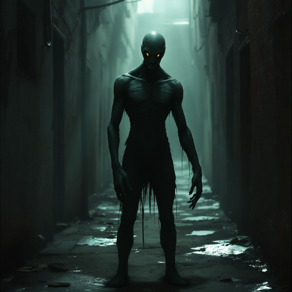 A dark, eerie figure stands in a narrow, dimly lit alley, exuding an ominous presence with glowing yellow eyes, embodying the potential for both wonder and harm.