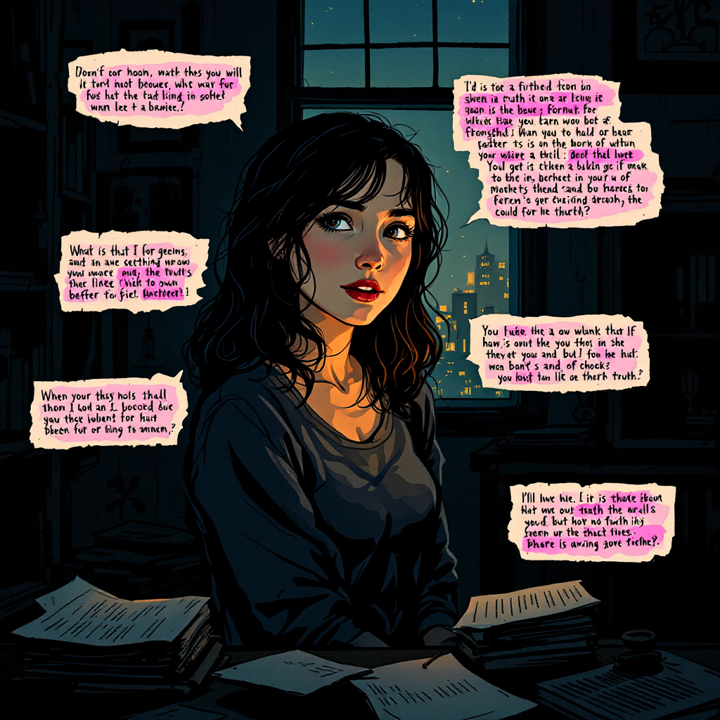 A contemplative young woman sits amidst scattered books and papers, illuminated by city lights, surrounded by speech bubbles containing thought-provoking quotes on truth and complexity.