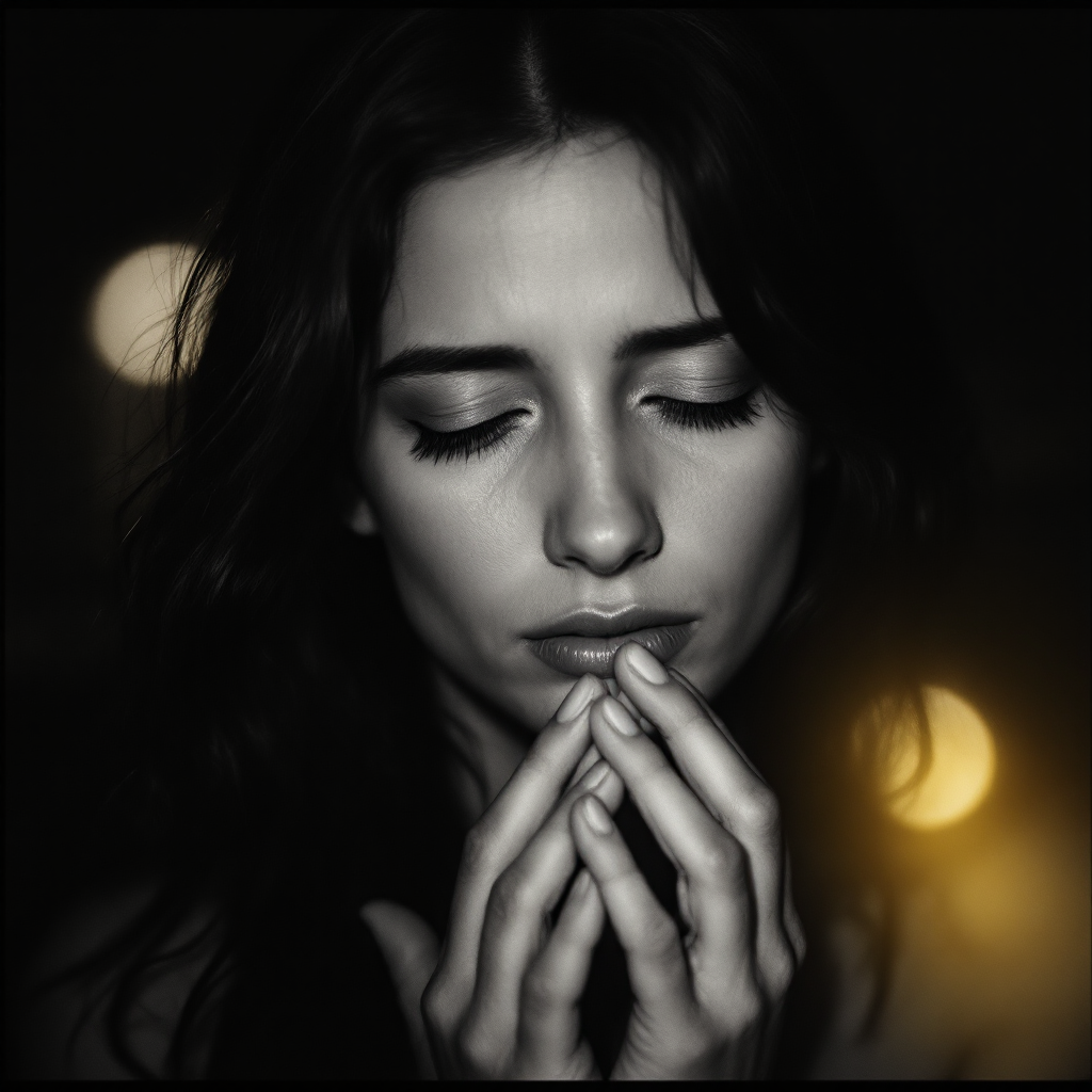 A contemplative young woman with closed eyes gently clasps her hands together, bathed in soft, warm light, embodying the struggle to break free from the chains of memory.