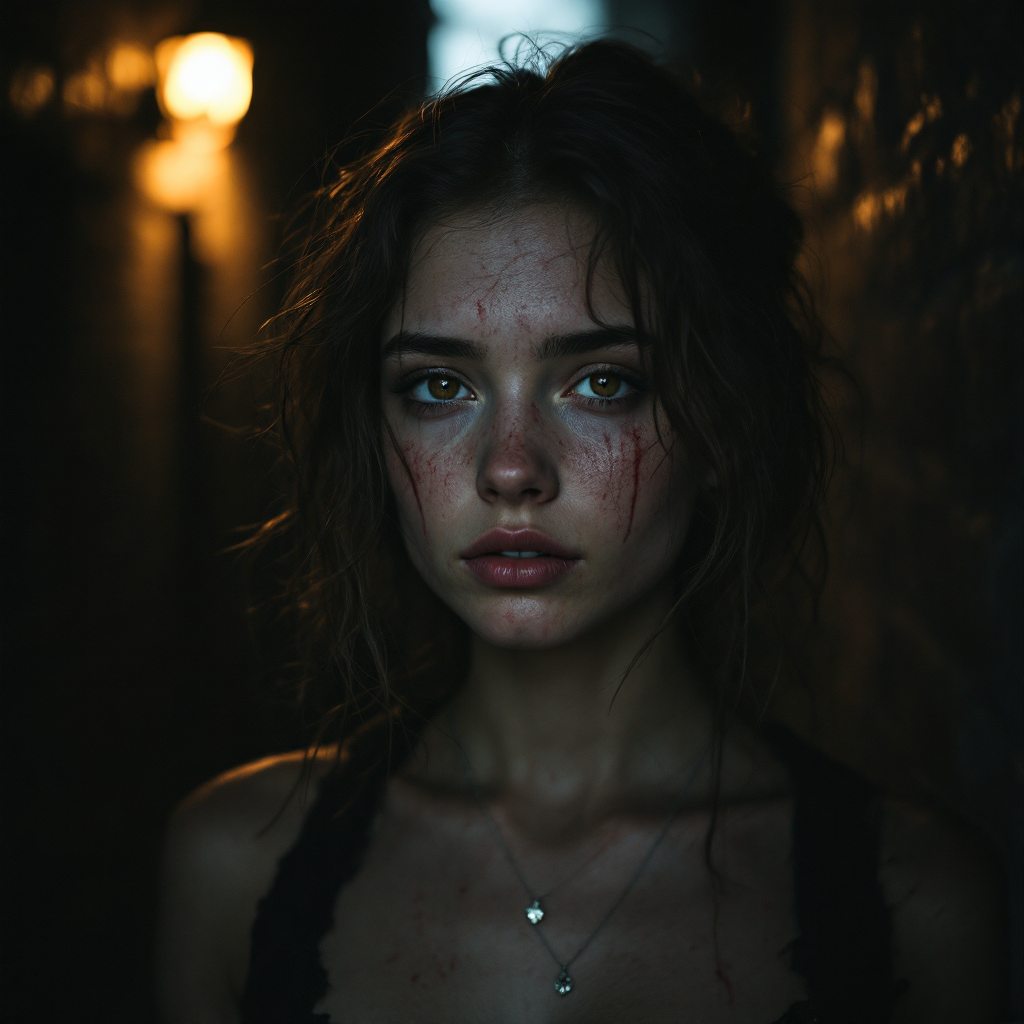 A young woman stands in a dimly lit alley, her face marked with scars and tears, embodying resilience and the choice of how to wear one's scars.