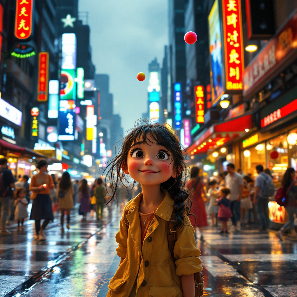 A joyful child stands in a bustling city street, illuminated by neon lights, reflecting the lively spirit of community and connection amidst the urban landscape.