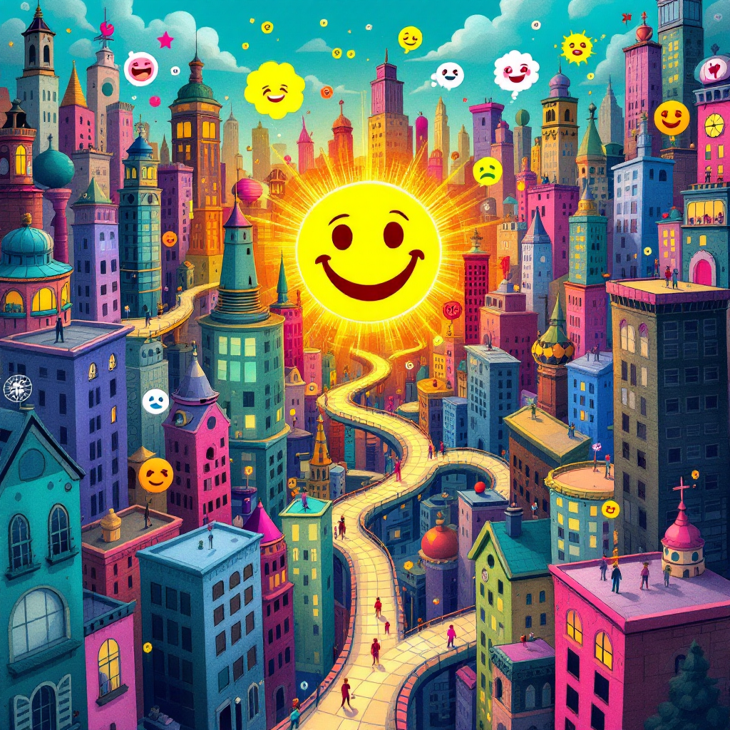 A vibrant cityscape filled with brightly colored buildings, winding paths, and a large smiling sun radiating positivity amidst floating emojis, reflecting the complexities of the mind.