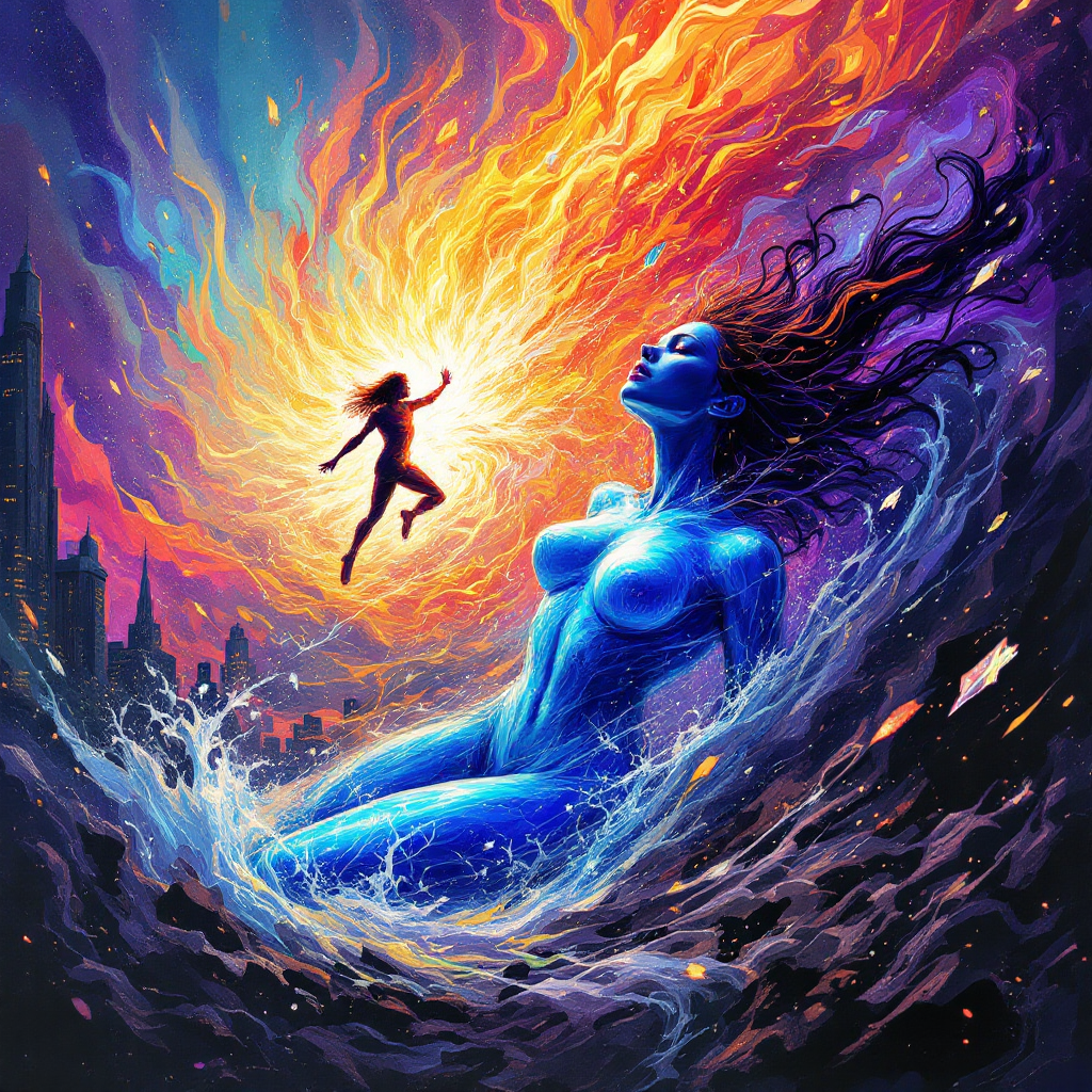 A vibrant illustration shows a powerful, blue-skinned figure rising from turbulent waters, enveloped in fire and light, as a smaller figure leaps towards her, embodying struggle and resilience.