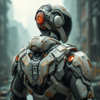 A futuristic armored suit with a high-tech helmet and glowing orange details stands amidst a decaying urban landscape, featuring systems for medical support and spinal injury detection.