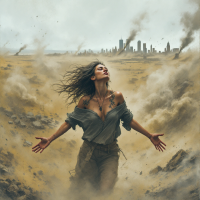 A woman stands amidst a swirling dust storm, arms outstretched, symbolizing the pervasive impact of mental illness on individuals and their loved ones, with a city skyline in the background.