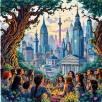 A diverse group of people gathers around a table under a canopy of lush trees, with a vibrant city skyline in the background, celebrating the essence of stories and achievements.