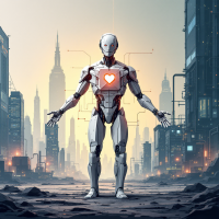 A humanoid robot stands in a futuristic cityscape at sunset, arms outstretched, with a glowing heart symbol on its chest, embodying the theme of algorithms guiding human lives.