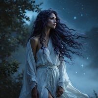 A ethereal woman with flowing purple hair stands in a misty landscape, gazing thoughtfully into the starry night, embodying the pursuit of elusive truth.