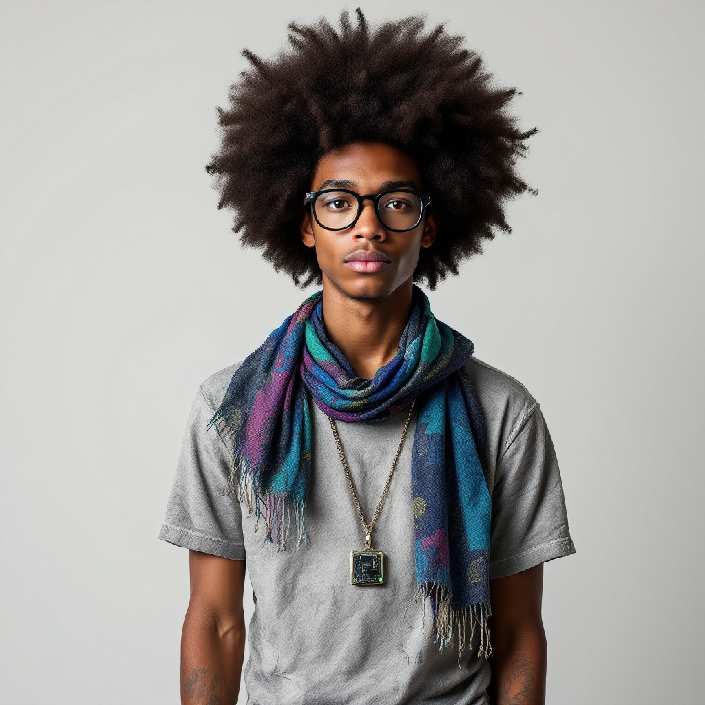 A college geek with a wild Afro hairstyle wears glasses and a colorful scarf, exuding a unique and vibrant style against a plain background.