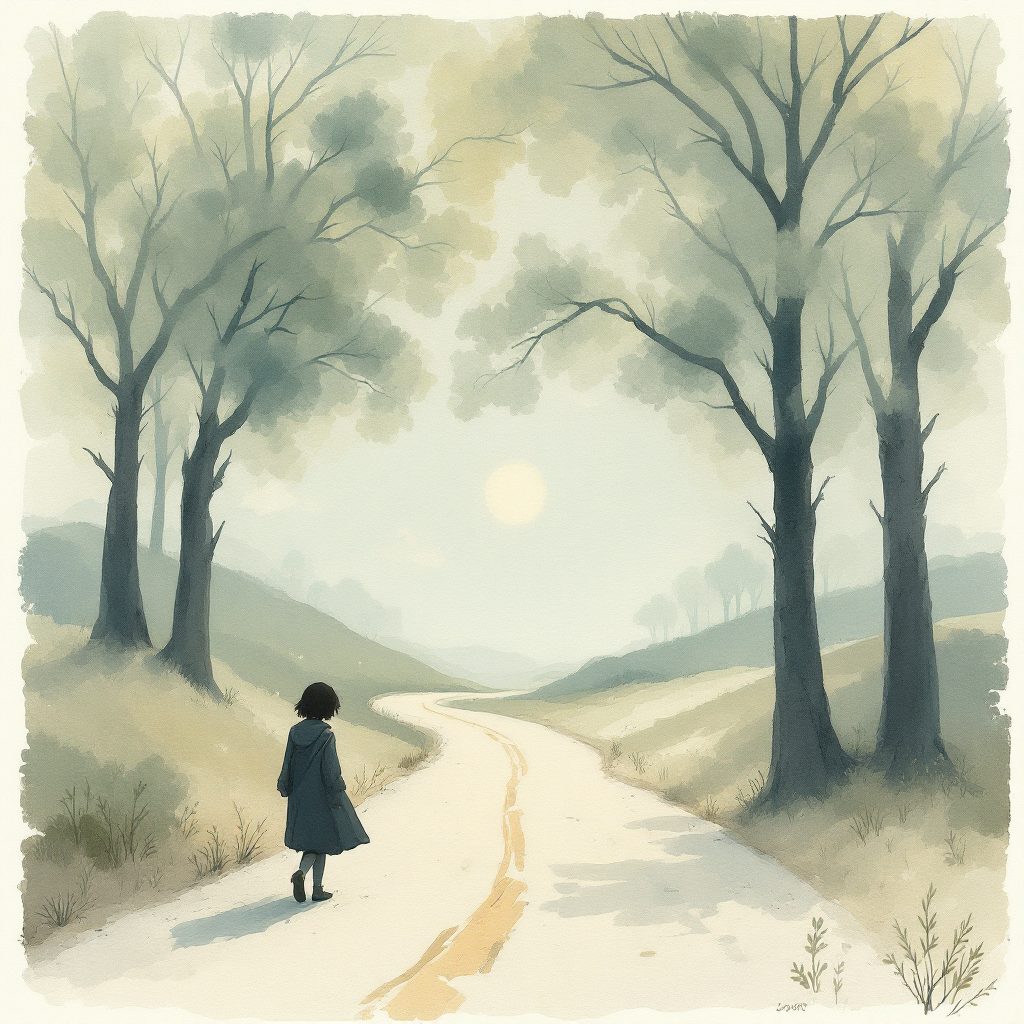 A solitary figure in a dark coat stands on a winding, sunlit road framed by tall trees, evoking the sentiment of embarking on a journey to nowhere.