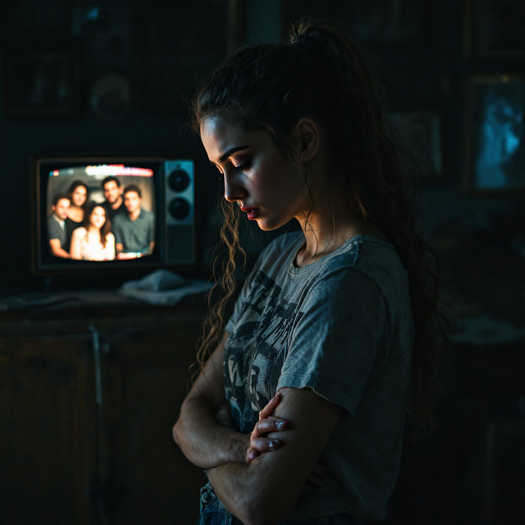 A young woman stands in dim light, reflecting thoughtfully, with an old television showing a family photo behind her, symbolizing how personal history can inspire strength.