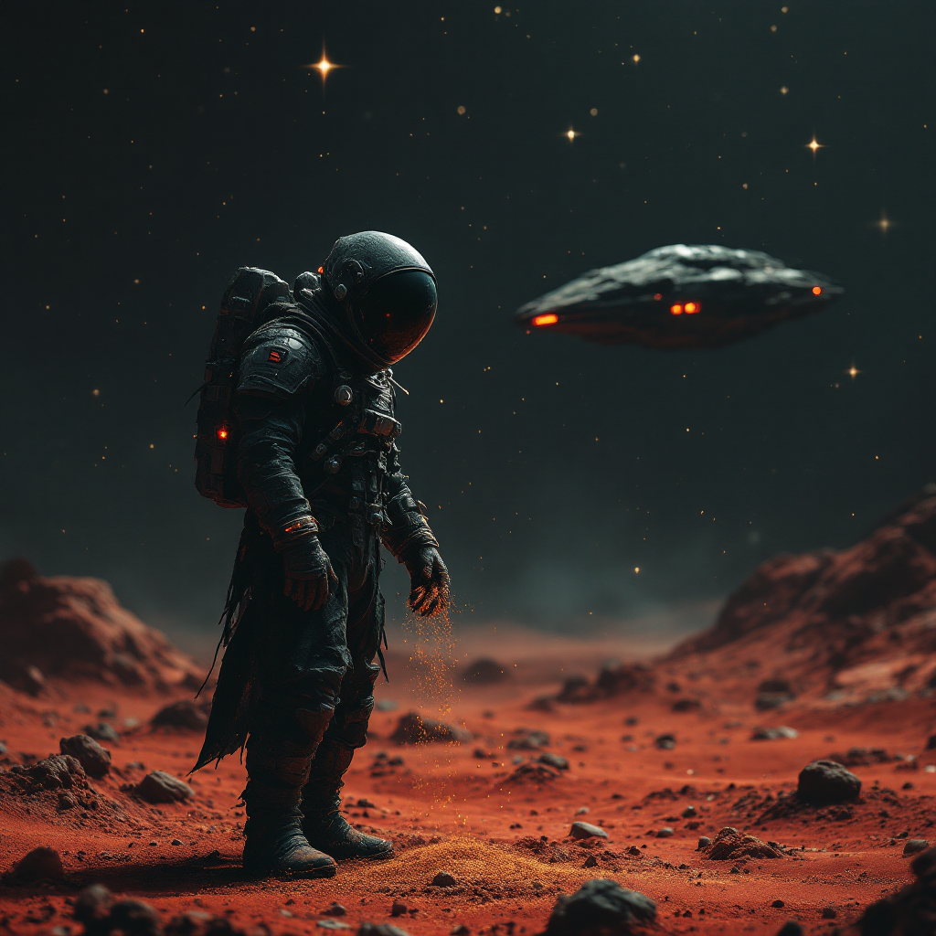 An astronaut stands on a red, barren landscape, letting sand slip through their fingers, while a mysterious spacecraft hovers above against a star-filled sky.