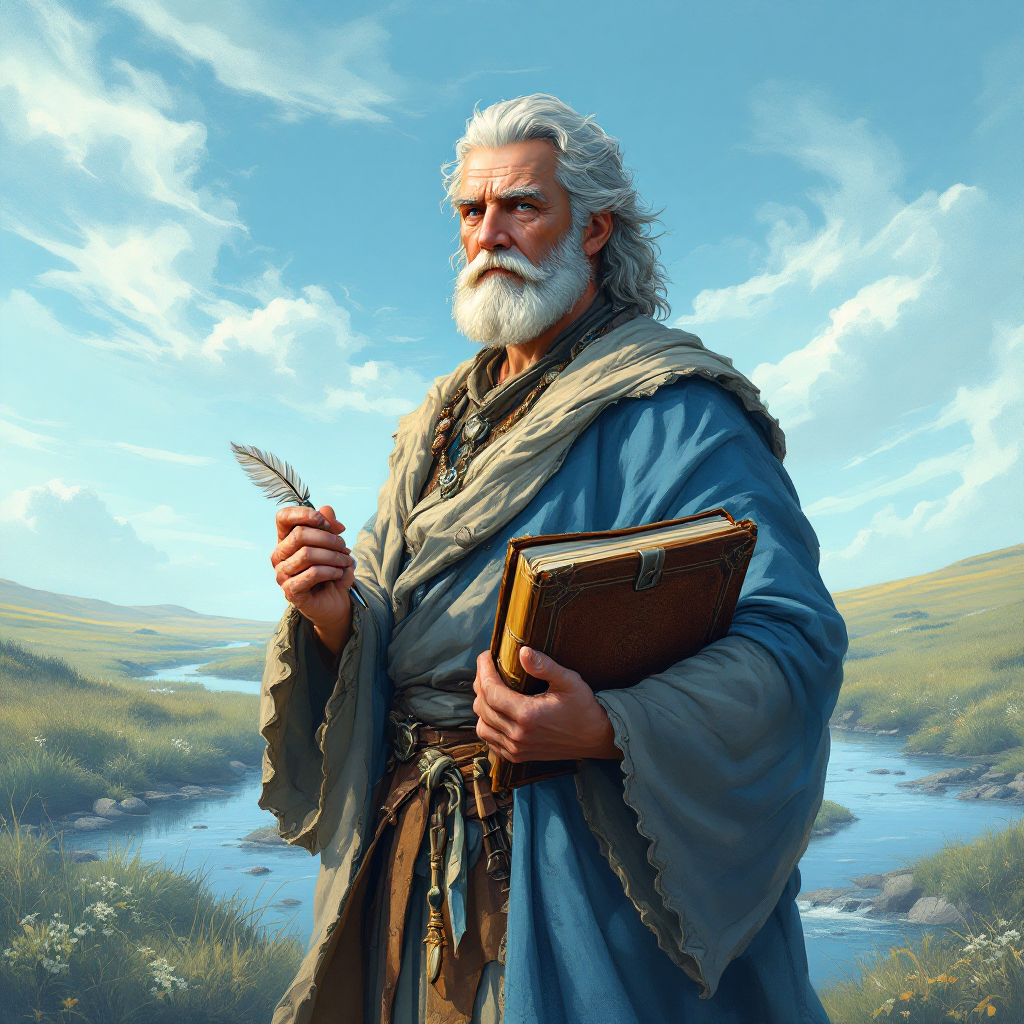 An elderly scholar with a long beard stands by a serene river, holding a quill and a book, embodying the pursuit of truth despite the challenges of being wrong or foolish.