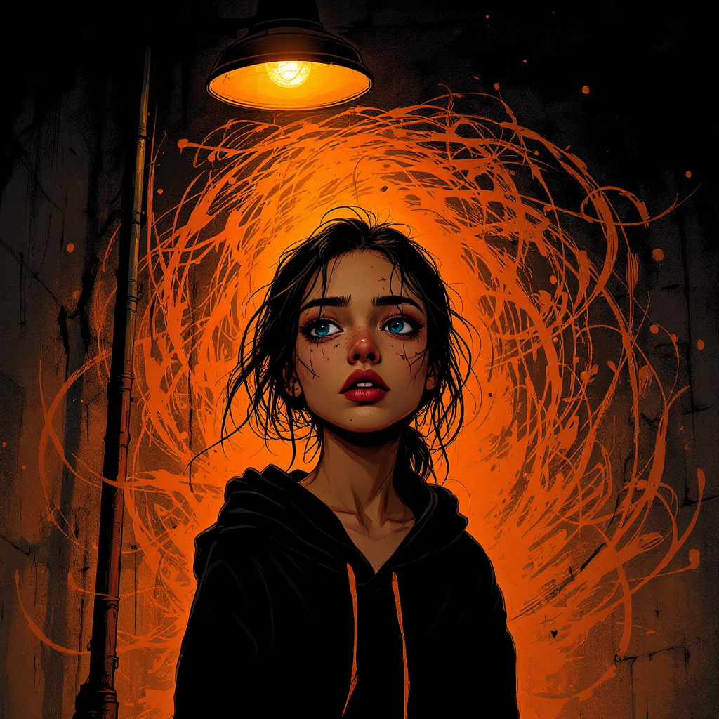 A contemplative young woman stands in a dimly lit space, illuminated by an orange glow. Whirling light captures her introspective expression, embodying the idea of embracing one’s past.