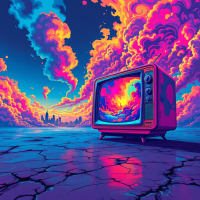 A vibrant, surreal landscape featuring a retro television set with swirling, colorful clouds reflecting a realm of possibilities, embodying the quote about the changing nature of reality.