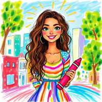 A young woman with long, wavy hair smiles confidently, holding a pink crayon. She wears a colorful, striped dress, surrounded by vibrant trees and city buildings, embodying empowerment and choice.