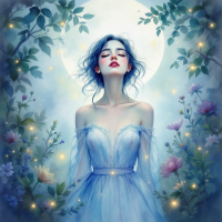 A serene figure in a flowing blue dress stands amidst blooming flowers, illuminated by a soft moonlight, embodying the haunting feeling of being alive yet ghost-like in one's own life.