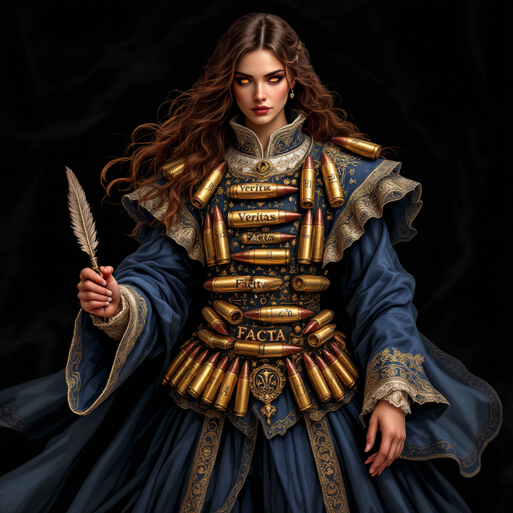 A poised woman in elaborate attire holds a quill, adorned with golden bullets on her chest, symbolizing the power of words as weapons, echoing the quote about truth and poets.